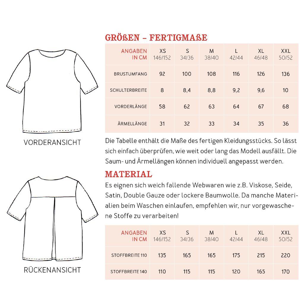 Papierschnittmuster Bluse mit Rückenfalte Frau Yoko XS-XXL